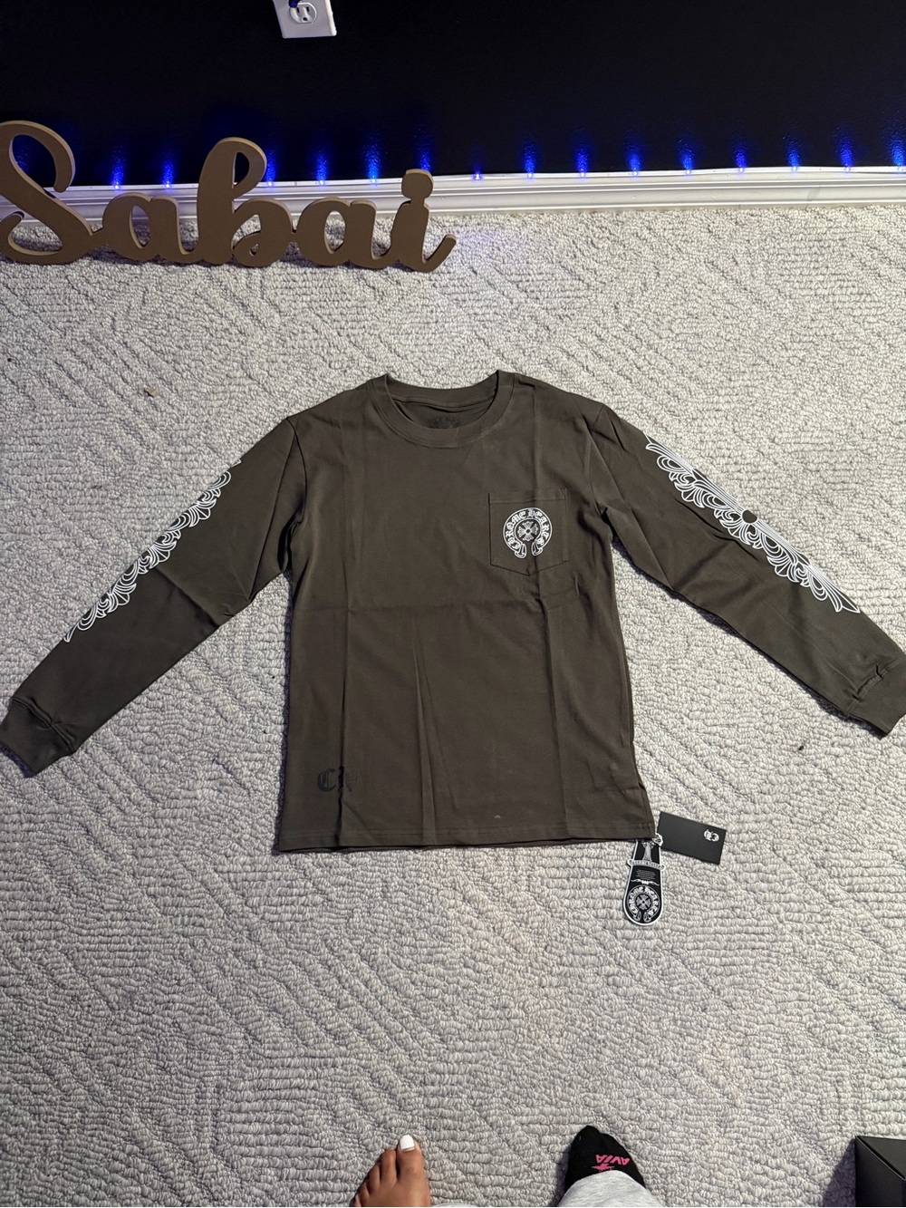 Long Sleeve Chrome Heart Tee in Khaki with White Sleeve Design
